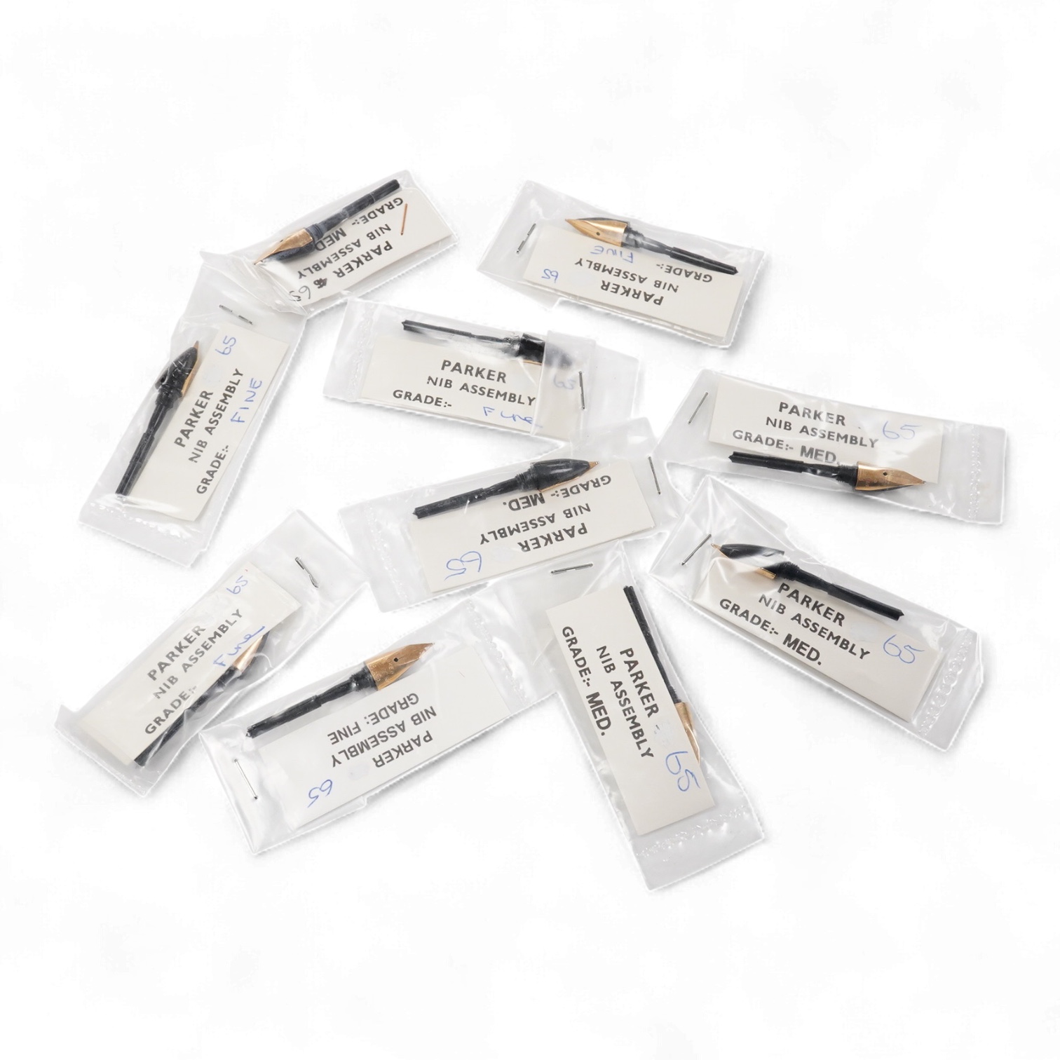 Parker 65 nib assembly packages with 14ct gold medium (5) and fine (5) nibs (10)
